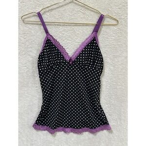 Polka Dot Adjustable Camisole Tank Top Black W/Purple Lace Trim Size Small
